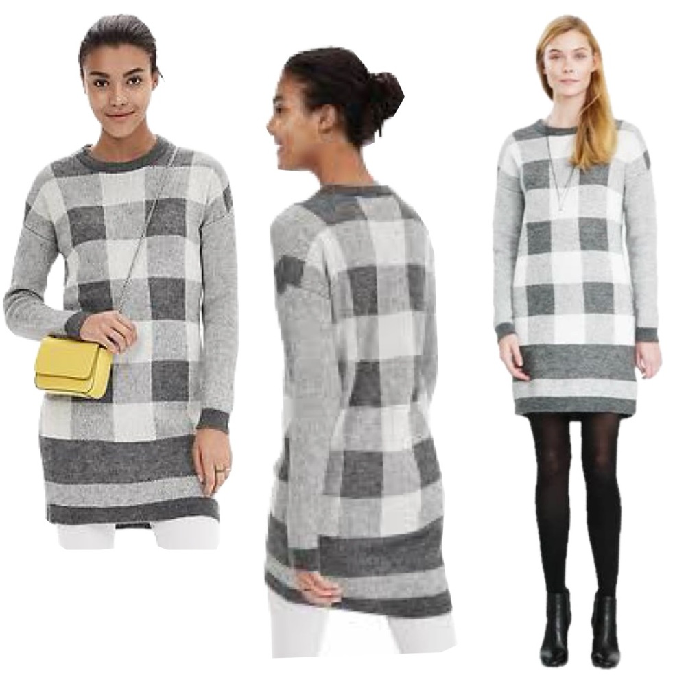 Banana republic Gray BUFFALO CHECK SWEATER DRESS Sz M long sleeve